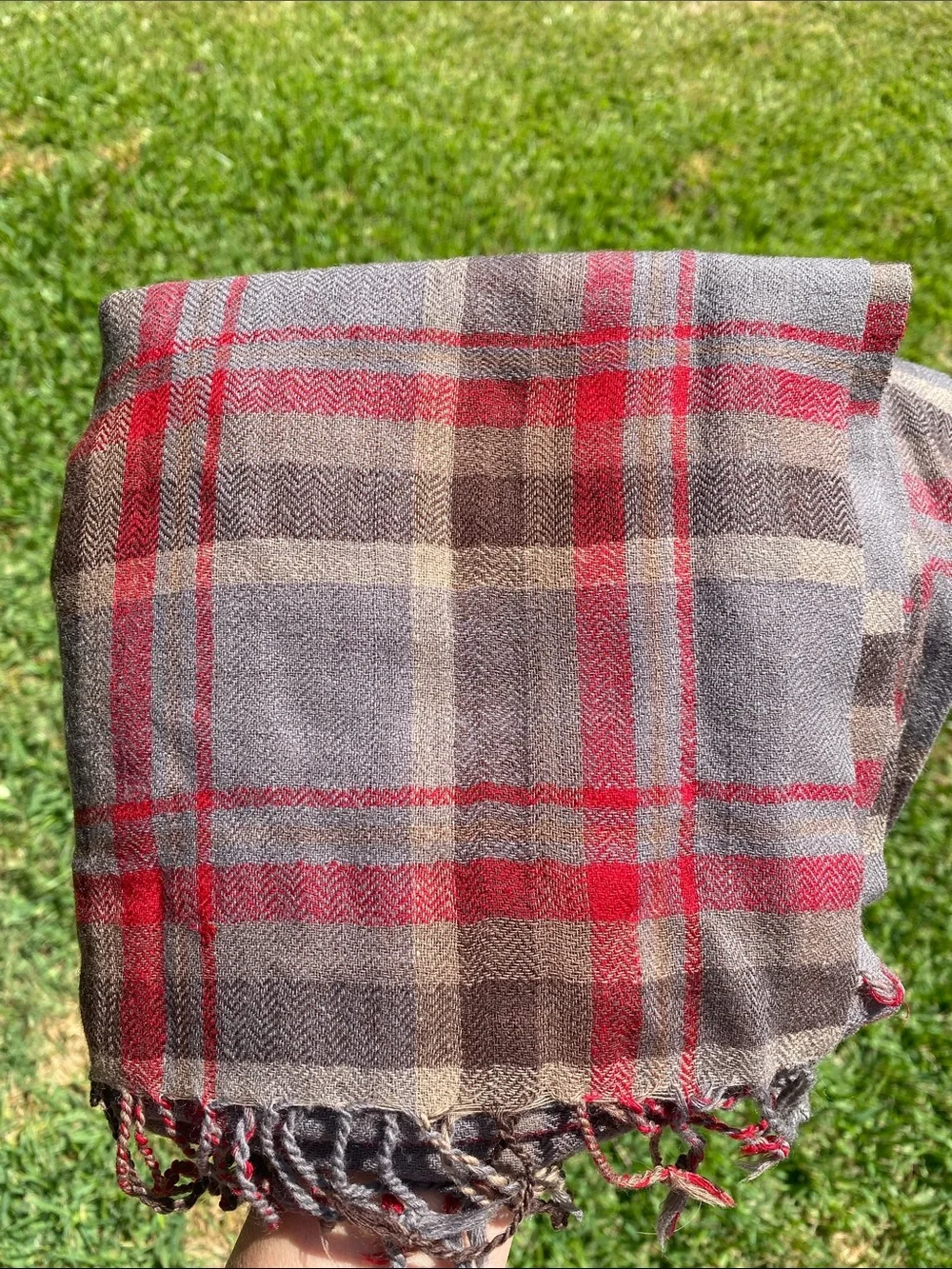 Dries Van Noten Gray Plaid Wool Scarf with Red Accents